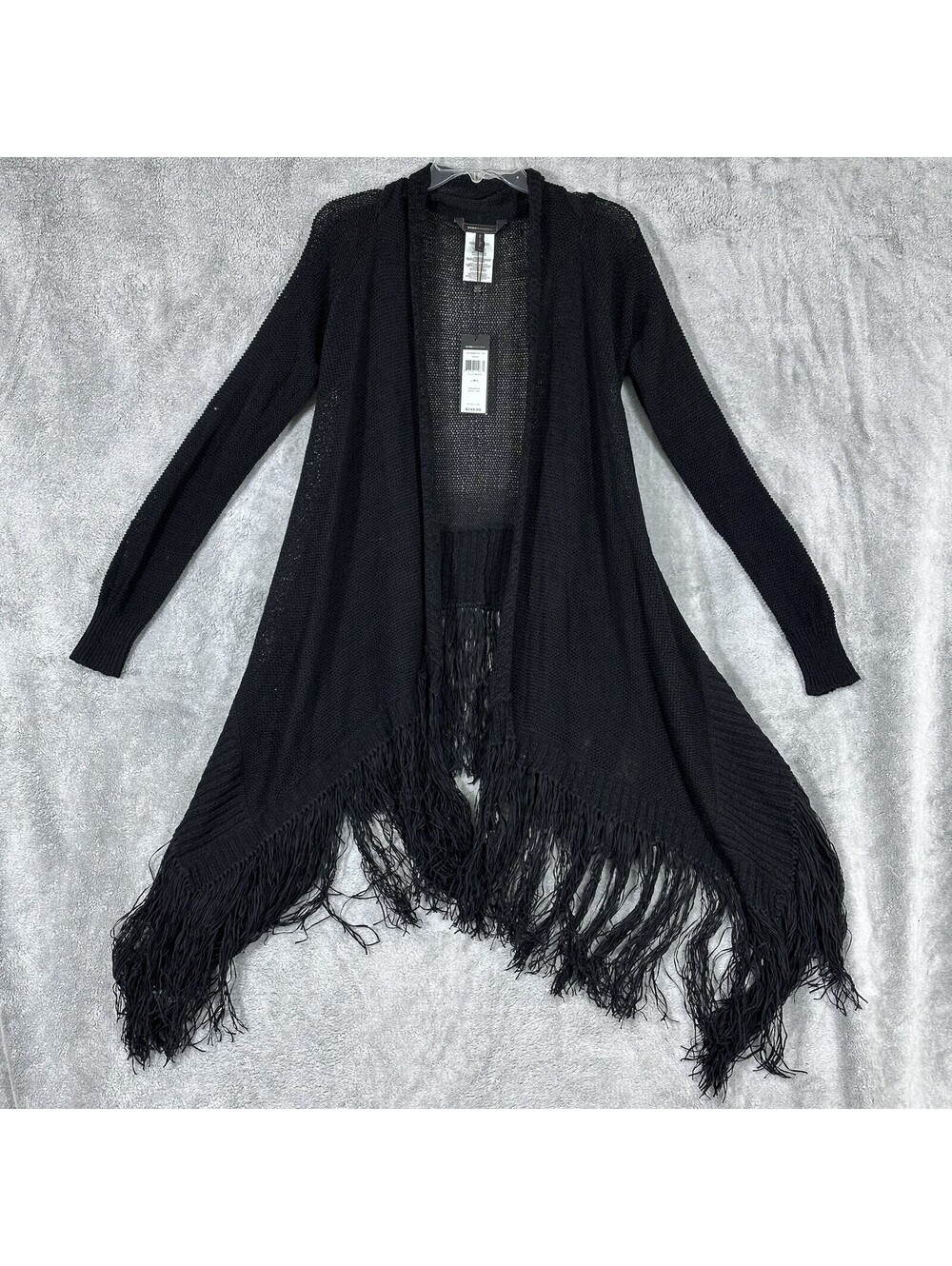 BCBG Women’s M/L Black Knit Cardigan Long Fringe Hem Lightweight Open Front